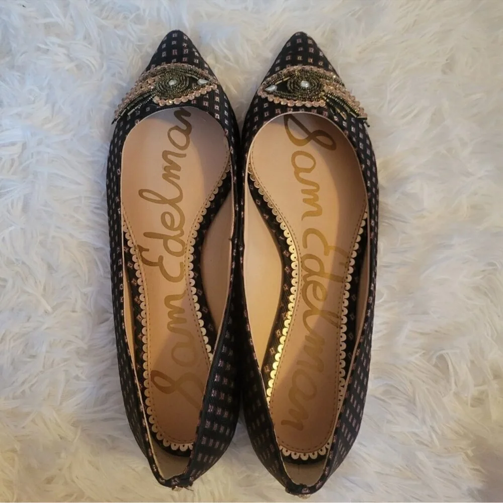 Sam Edelman Rafaella Beaded Leather Black and Gold Embellished Flats - Picture 8 of 12